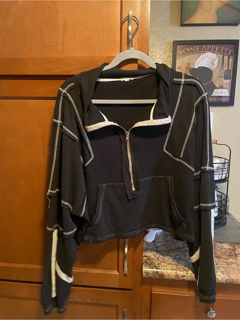 POL Black Hooded Crewneck Sweater with White Contrast Stitching